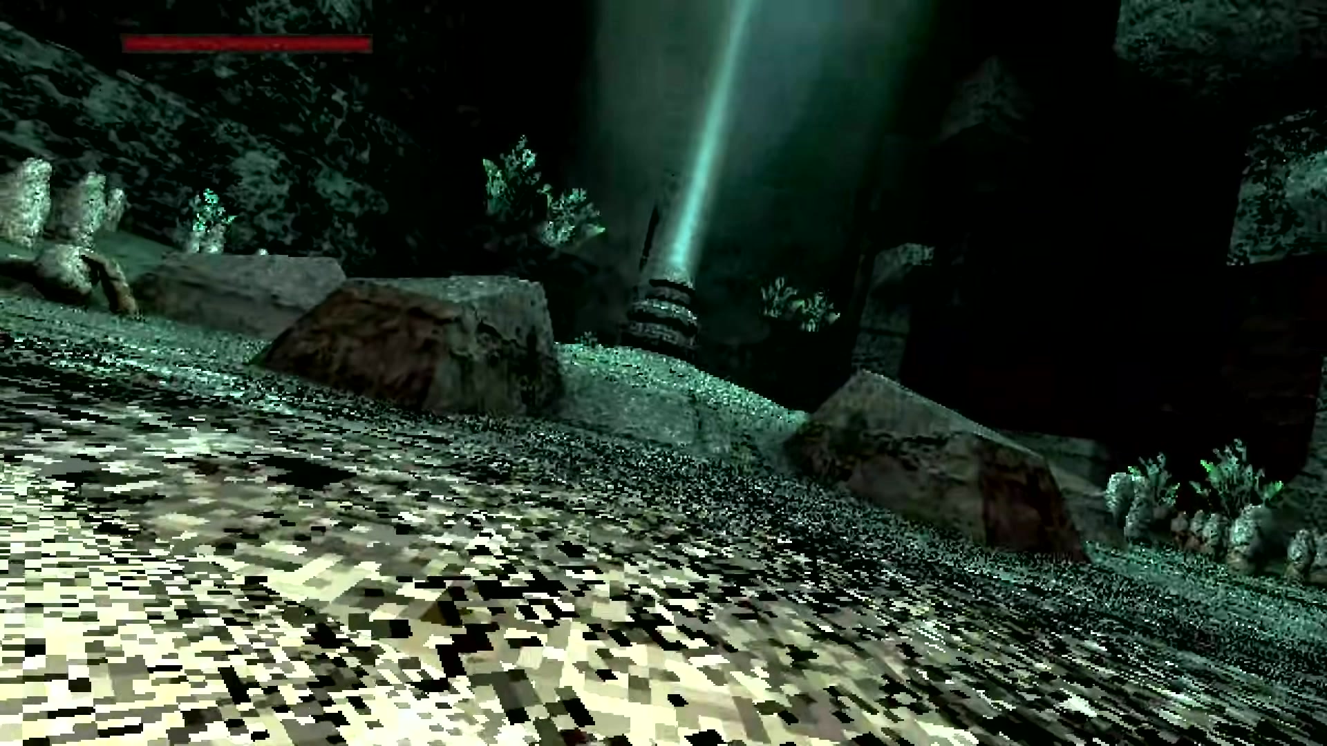 The final descent area showing a massive vertical drop with distant walls and no visible checkpoints