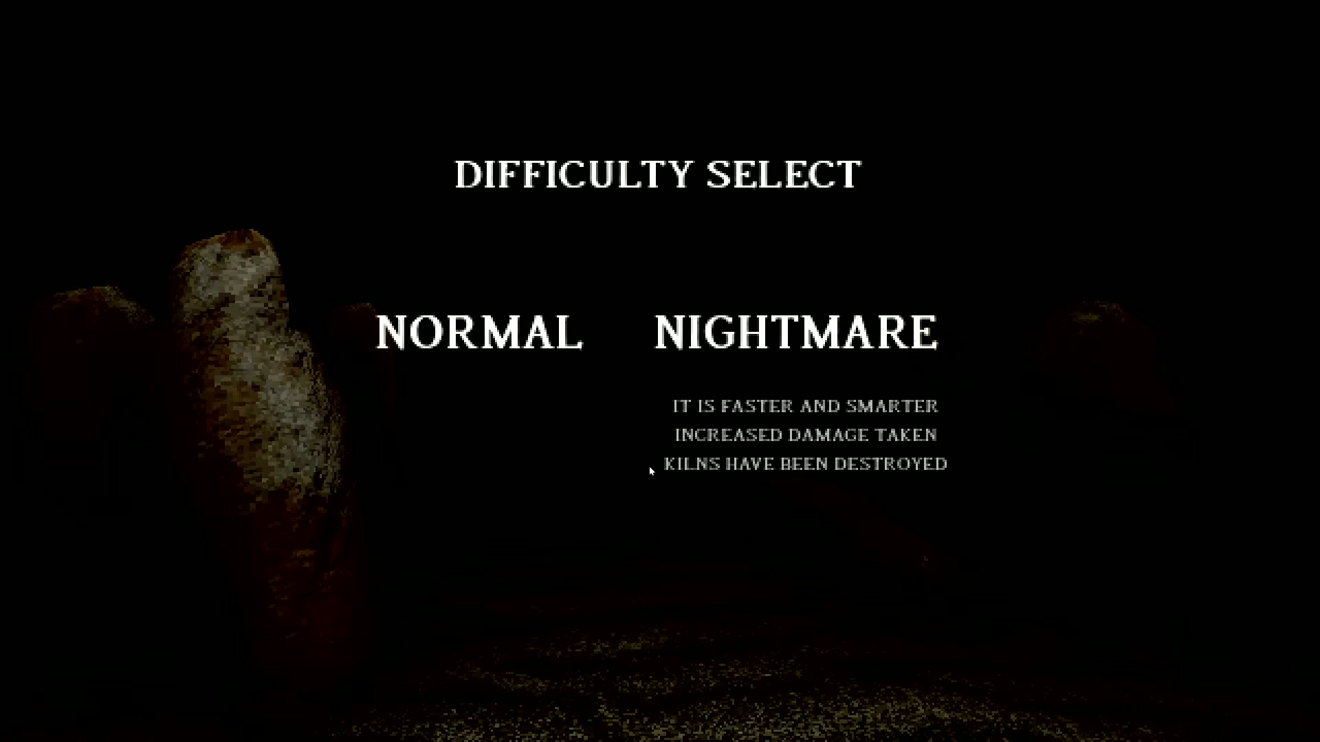 Nightmare Mode selection in the Idols of Ash menu showing destroyed Kiln checkpoints